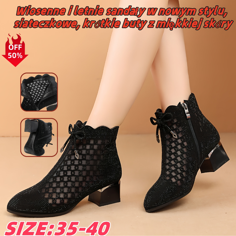 👠【35-41】Új tavaszi és őszi üreges fényes gyémánt vastag sarkú csizma