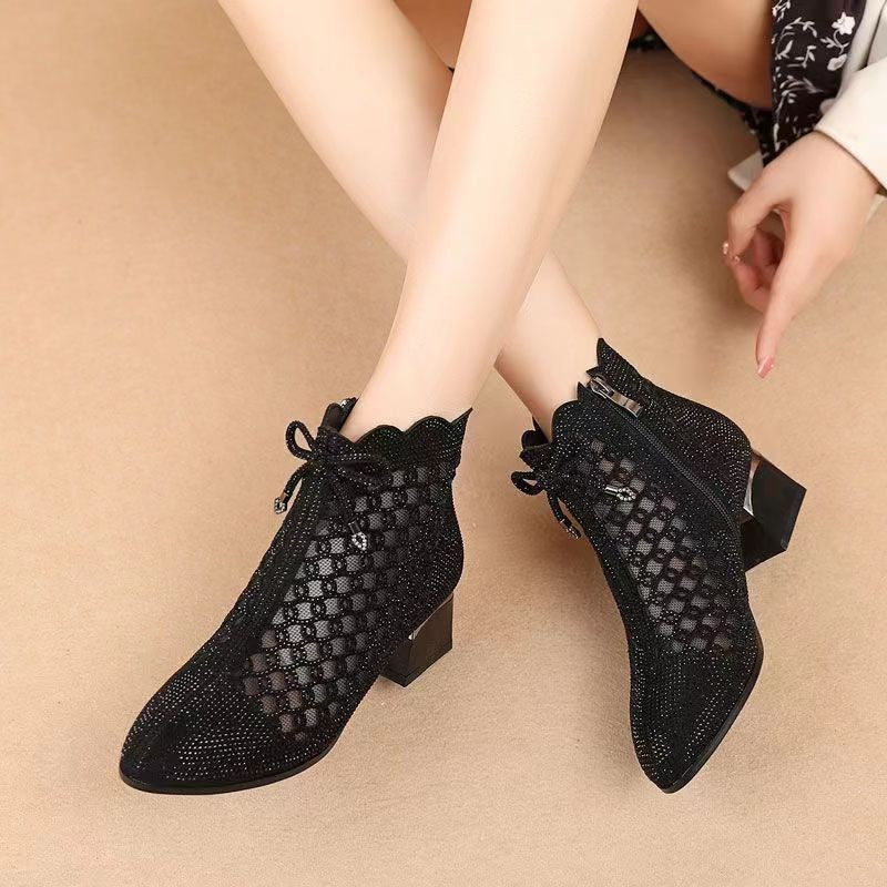 👠【35-41】Új tavaszi és őszi üreges fényes gyémánt vastag sarkú csizma