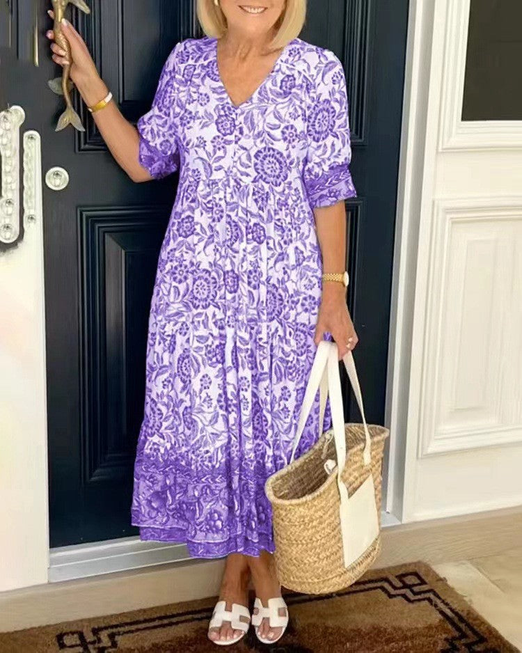 💃【S-3XL】2025 új elegáns virágos hosszú ruha V-nyakkal.