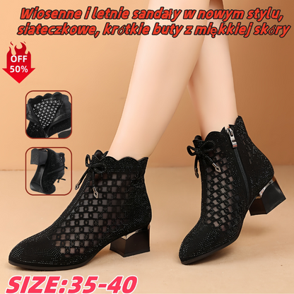 👠【35-41】Új tavaszi és őszi üreges fényes gyémánt vastag sarkú csizma