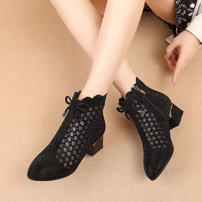 👠【35-41】Új tavaszi és őszi üreges fényes gyémánt vastag sarkú csizma