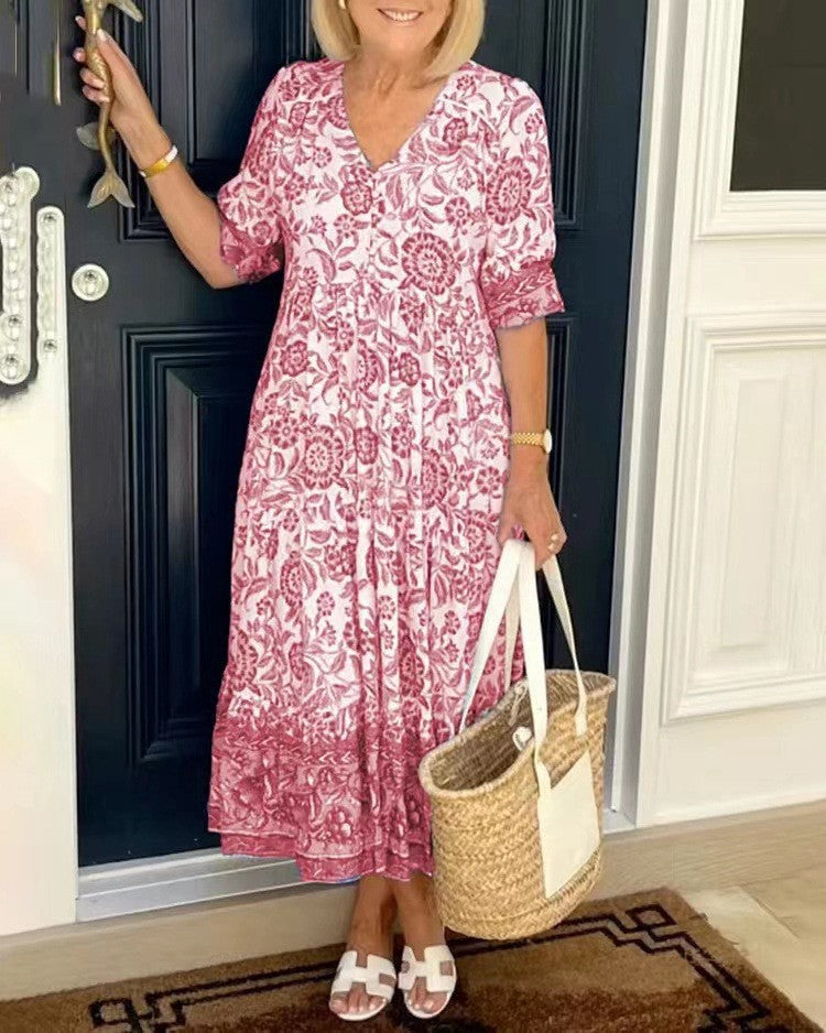 💃【S-3XL】2025 új elegáns virágos hosszú ruha V-nyakkal.